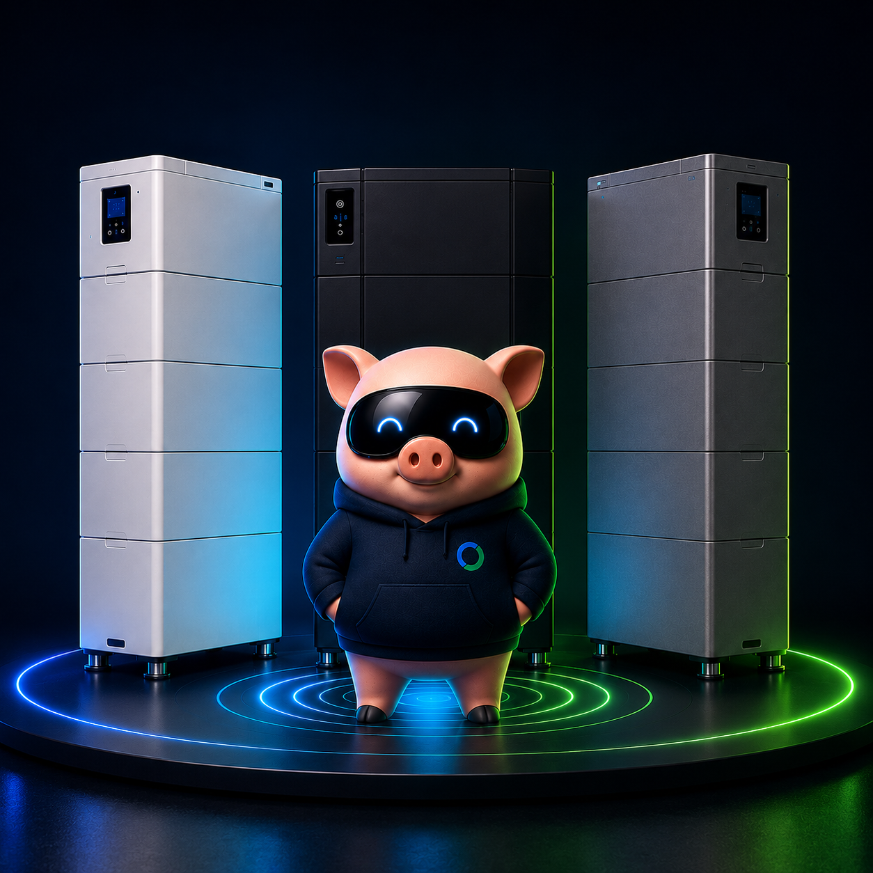 The GridPiggy mascot standing on a lit stage between three FoxESS battery stacks